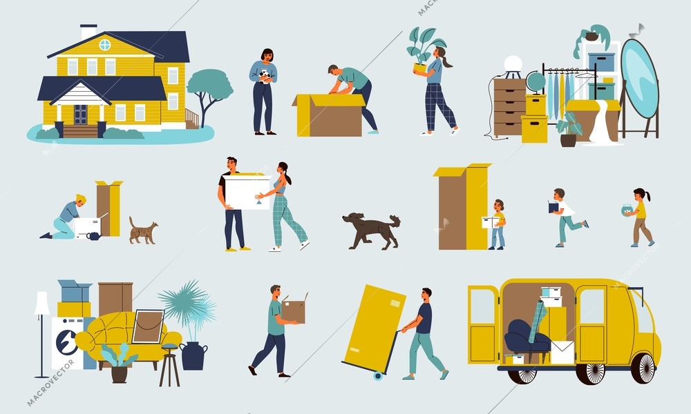 Family moving flat color set of people packing household utensils and furniture for transportation isolated vector illustration