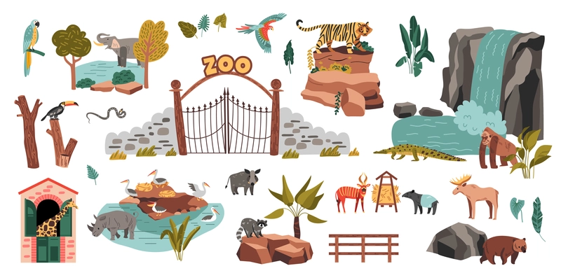 Zoo flat set with animals and birds landscape elements and park items isolated on white background vector illustration