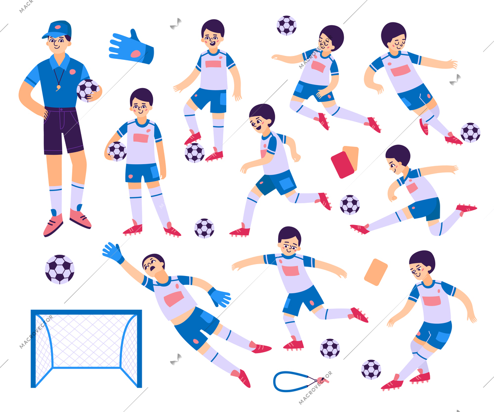 Football team flat set with male coach and boys soccer players in different poses isolated vector illustration