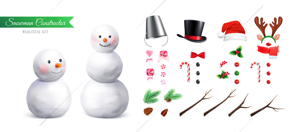 Realistic snowman constructor with Christmas decorations vector illustration