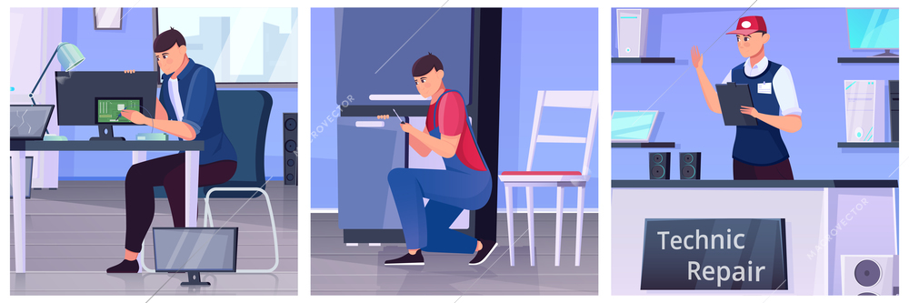 Repairmen and repair service at work on blue background flat vector illustration