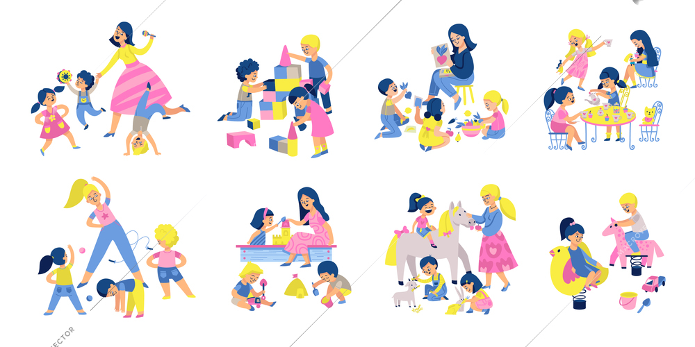 Kindergarten color set of isolated compositions with characters of nursery teachers with kids toys and books vector illustration