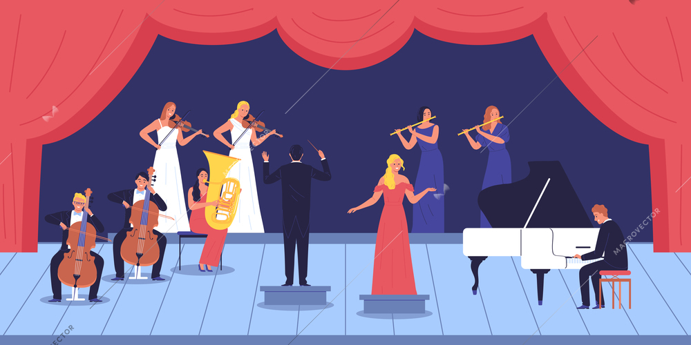 Musical concert background with female singer and musicians characters on scene flat vector illustration