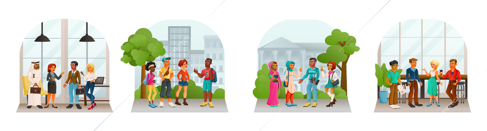 Cartoon characters diversity set of four isolated compositions with people in city landscapes and indoor sceneries vector illustration