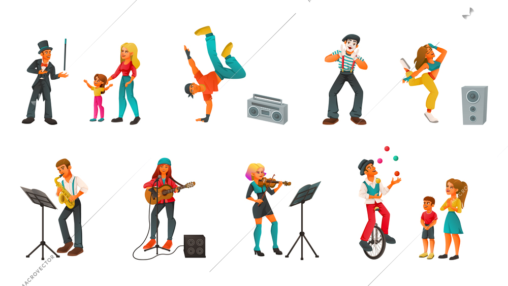 Street performer artist musician dancer cartoon set of isolated icons and characters of talents and onlookers vector illustration