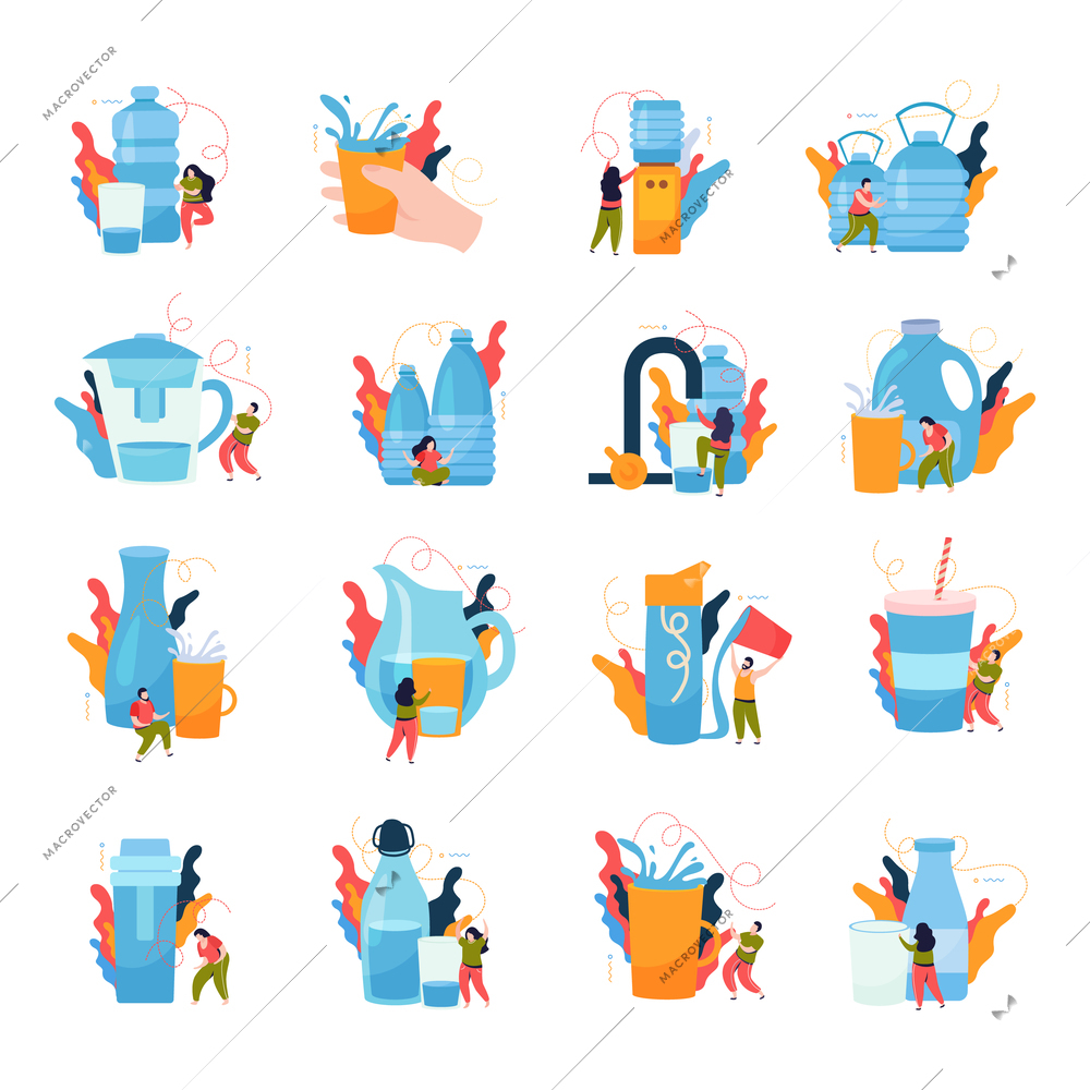 Drink water flat icon set water in different volumes and for different people with personal preferences vector illustration