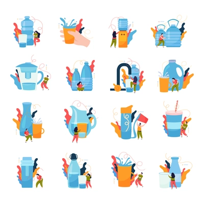 Drink water flat icon set water in different volumes and for different people with personal preferences vector illustration