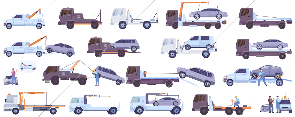 Tow trucks for help on road with towed auto transport flat set isolated vector illustration