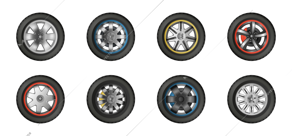 Front view of car wheels with various disks realistic set on white background isolated vector illustration