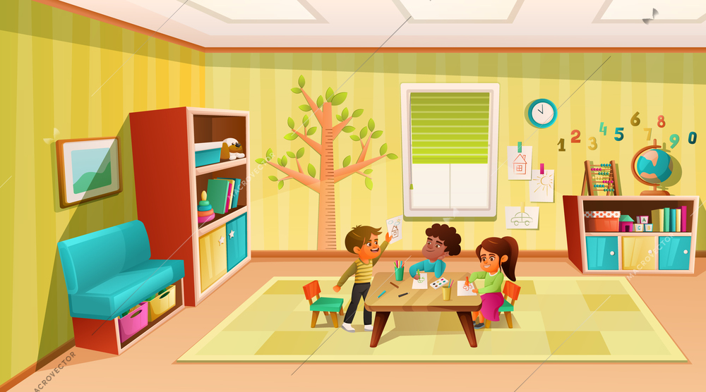 Kindergarten room interior cartoon vector illustration with three funny little kid characters drawing together at common table