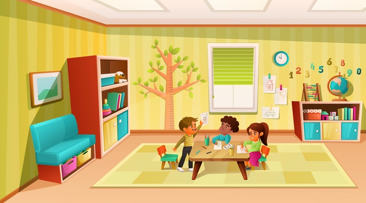 Kindergarten room interior cartoon vector illustration with three funny little kid characters drawing together at common table