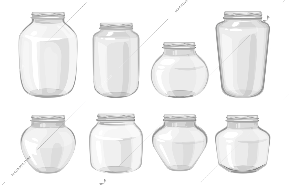 Set of empty glossy glass transparent jars for canned food without screw caps on white background isolated vector illustration