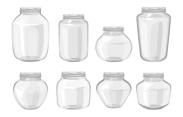 Set of empty glossy glass transparent jars for canned food without screw caps on white background isolated vector illustration