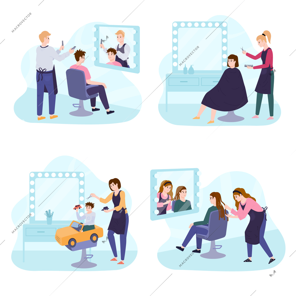 Male and female hairdressers doing hair and haircuts flat 2x2 set isolated vector illustration