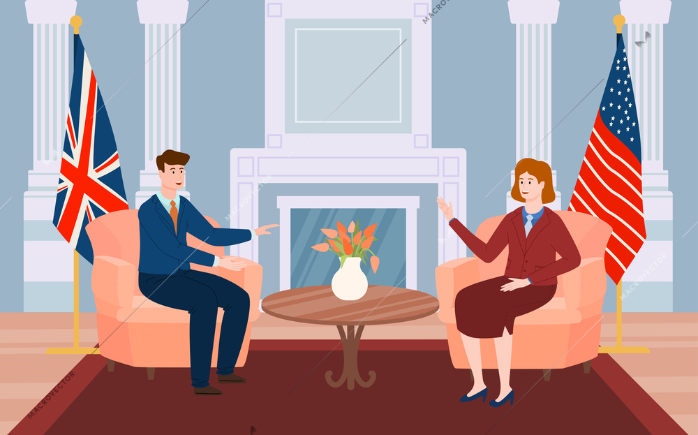 Two politicians talking at official meeting in room with british and american flags flat vector illustration