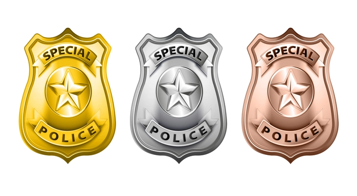 Police badge in hand realistic set with three isolated metal shields of gold silver and bronze vector illustration