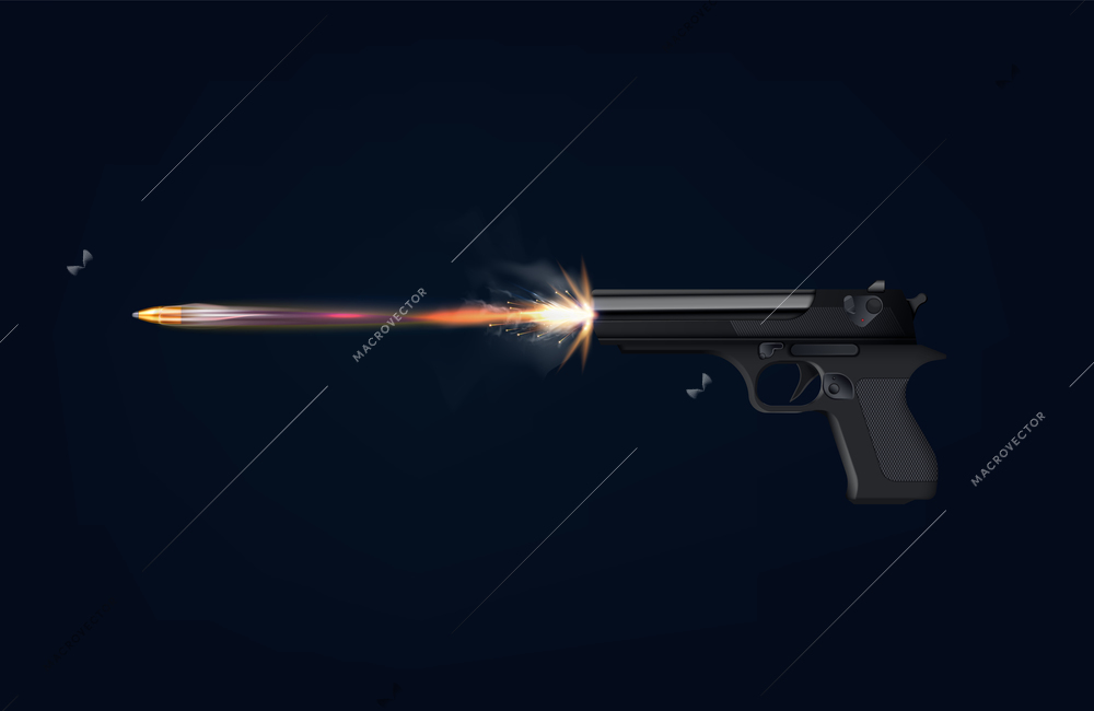 Pistol gun flash realistic composition with black background and view of weapon shot with flame light vector illustration