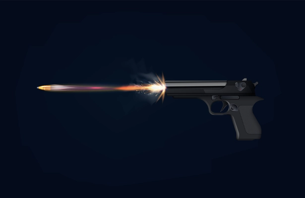 Pistol gun flash realistic composition with black background and view of weapon shot with flame light vector illustration