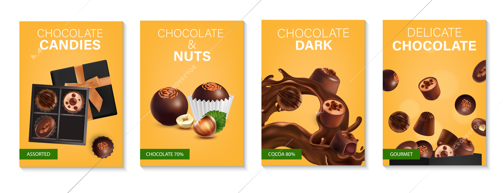 Sweet production for gourmets realistic poster set with different candies from dark chocolate isolated vector illustration