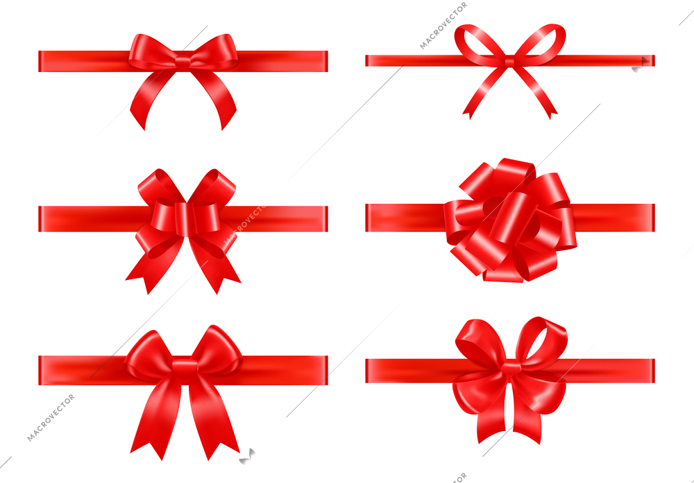 Red horizontal ribbons with different types of bows for decorate invitation card realistic set isolated vector illustration