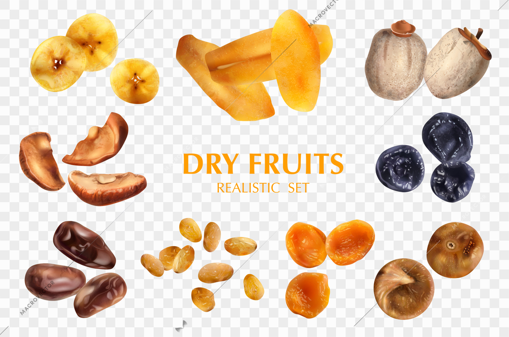 Dry fruits set on transparent background with whole and slices different sweet natural vegan products realistic vector illustration