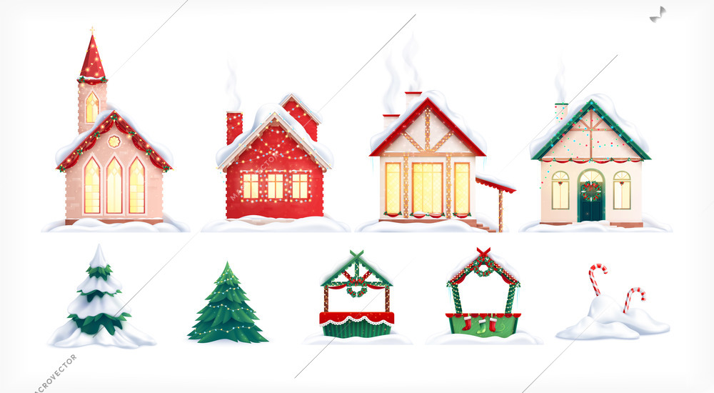 Christmas houses set of isolated icons with outdoor stalls decorations fir trees and glowing festive buildings vector illustration