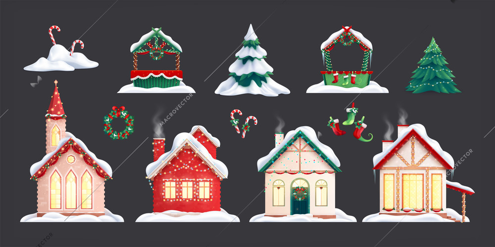 Christmas houses set on dark background with isolated icons of new year decorations and gingerbread houses vector illustration