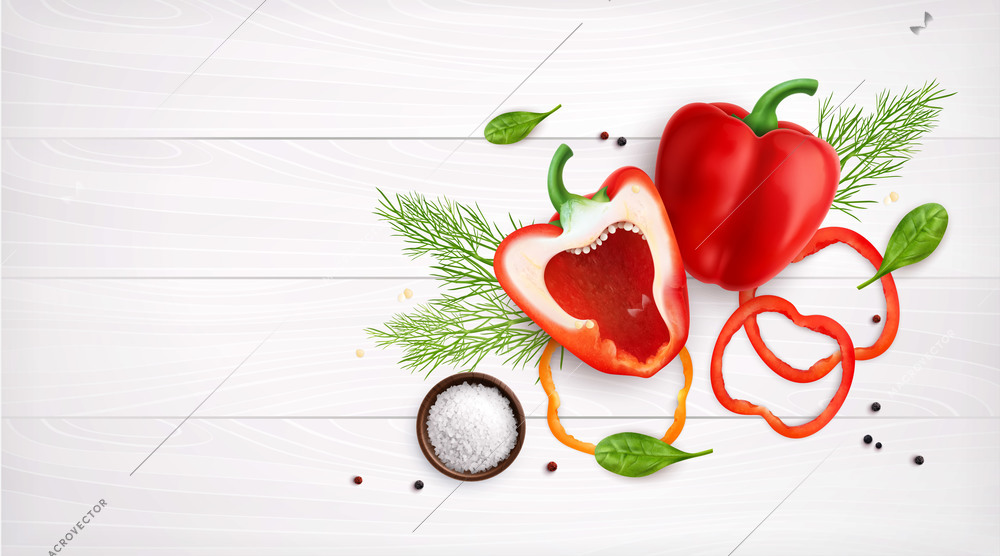 Pepper realistic composition with top view of wooden table with greens spices and slices of pepper vector illustration