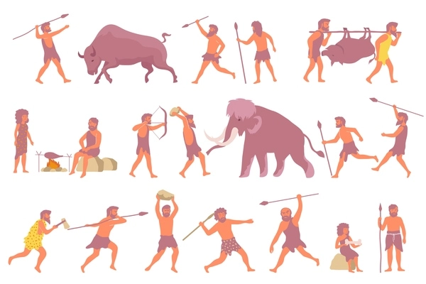 Set with isolated primitive hunting flat icons with human characters holding spears hunting mammoth cooking food vector illustration