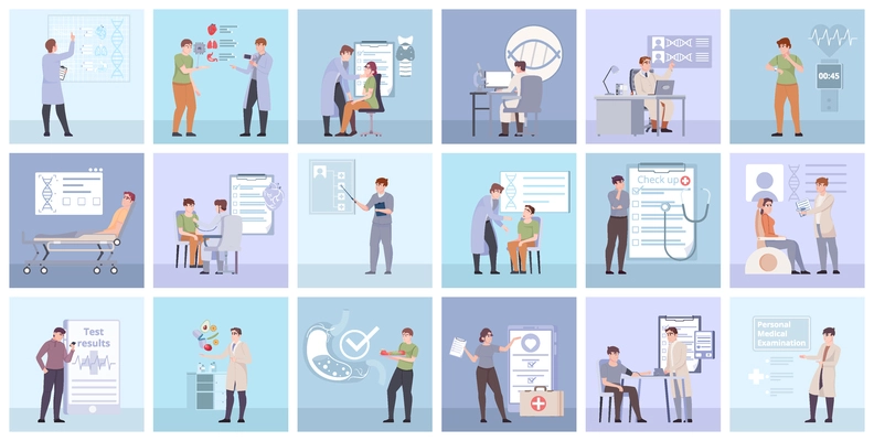 Set of medicine compositions in flat style with doctors and patients medical research test examination isolated vector illustration