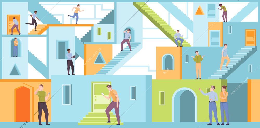 People walking inside maze with doors windows stairs and colorful walls flat vector illustration