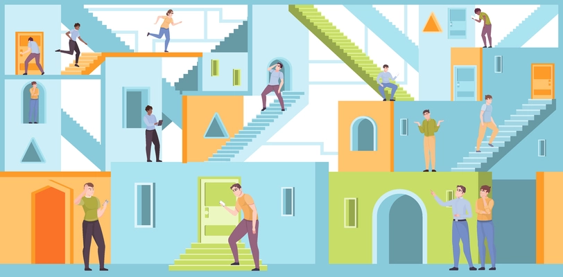 People walking inside maze with doors windows stairs and colorful walls flat vector illustration