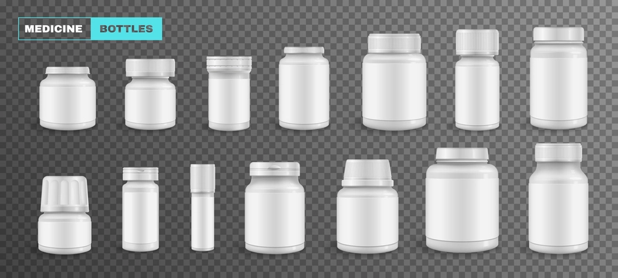 Medicine bottle packaging blank transparent realistic set isolated vector illustration