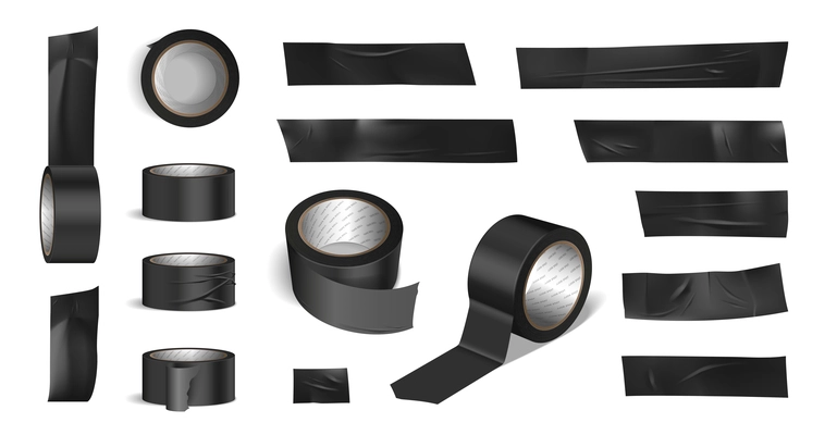 Tape roll black pieces realistic set with stationery symbols isolated vector illustration