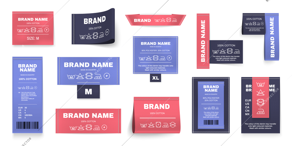 Laundry labels colored realistic set with brand name symbols isolated vector illustration