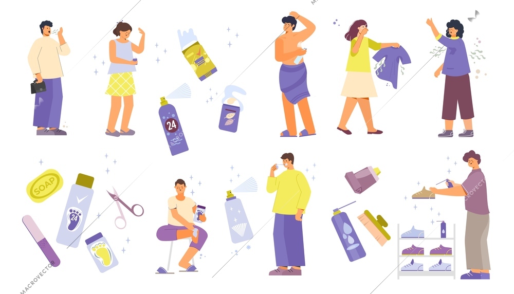 Deodorant antiperspirant set with flat icons of cosmetic products makeup appliances and human characters spraying clothes vector illustration