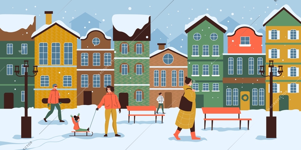 European winter town flat background with people walking and sledding near cute colorful vintage houses vector illustration