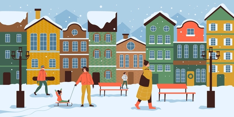 European winter town flat background with people walking and sledding near cute colorful vintage houses vector illustration