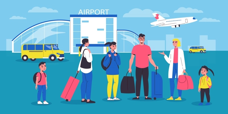 Tourists group with baggage staying in airport field at terminal building and taking off plane background flat vector illustration