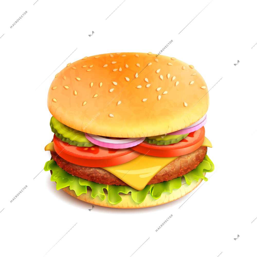 Hamburger fast food sandwich emblem realistic isolated on white background vector illustration