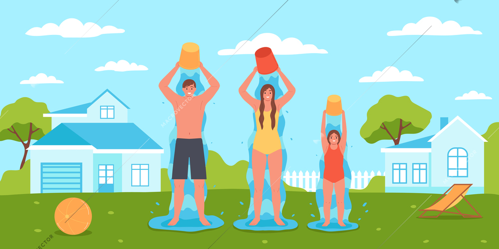 Family hardening composition with outdoor backyard scenery and family members swilling down cold water from buckets vector illustration