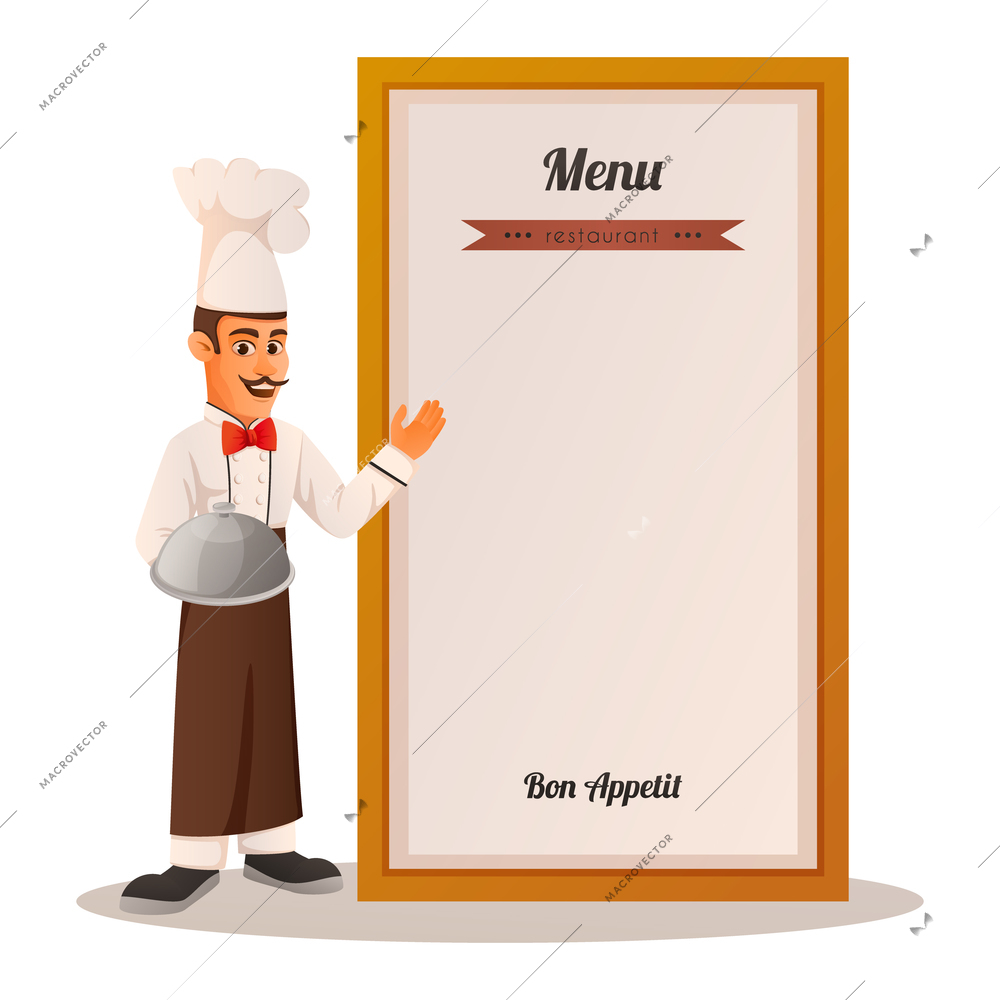 Professional cooking cartoon design concept with chef holding tray for hot dishes and offering restaurant menu vector illustration