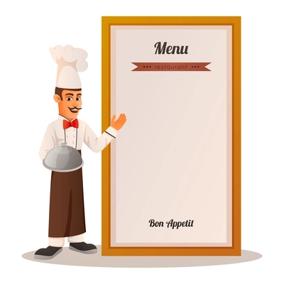 Professional cooking cartoon design concept with chef holding tray for hot dishes and offering restaurant menu vector illustration