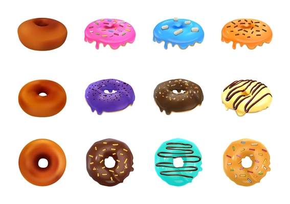 Donuts collection of colored glazed sweet pastries isolated on white background realistic vector illustration