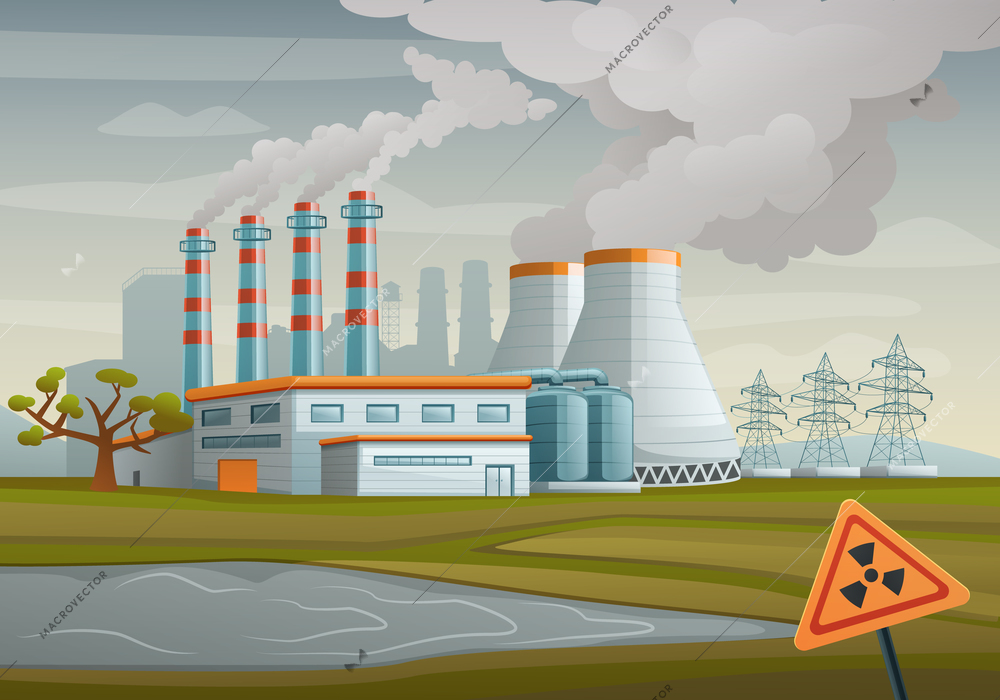 Industrial landscape with thermal power plant and high voltage power line flat background vector illustration