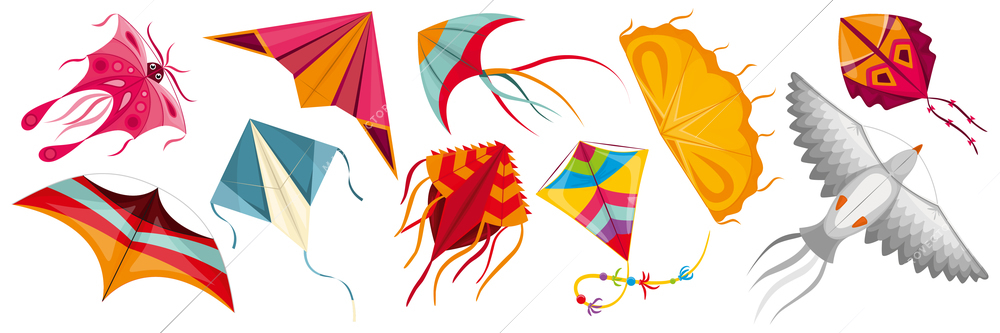 Flying wind kites set of colorful paper items with ribbons and ornaments isolated vector illustration