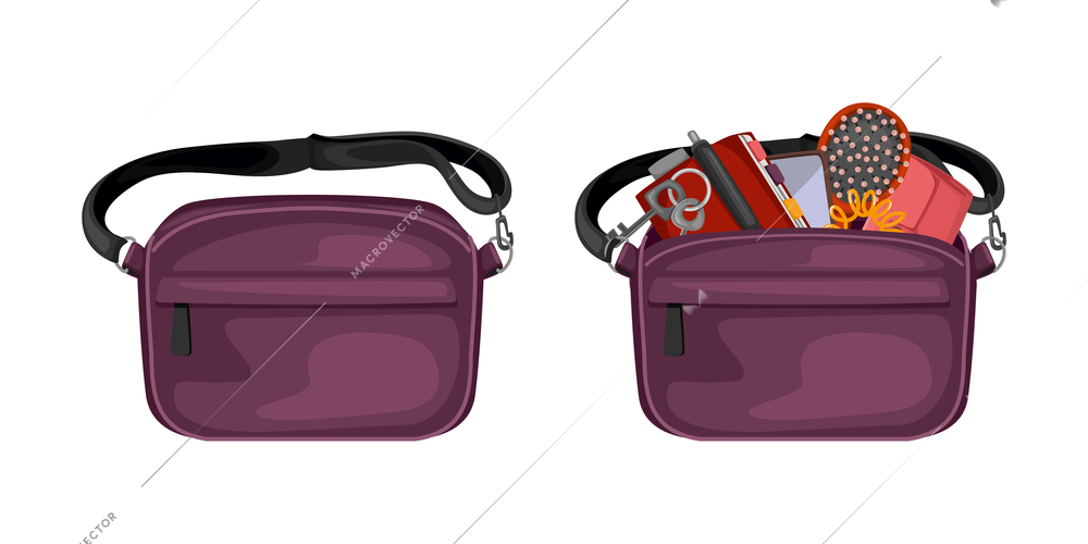 Trendy waist bag set with isolated images of closed and open belly bags of purple color vector illustration