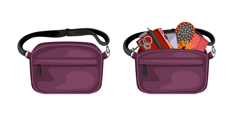 Trendy waist bag set with isolated images of closed and open belly bags of purple color vector illustration