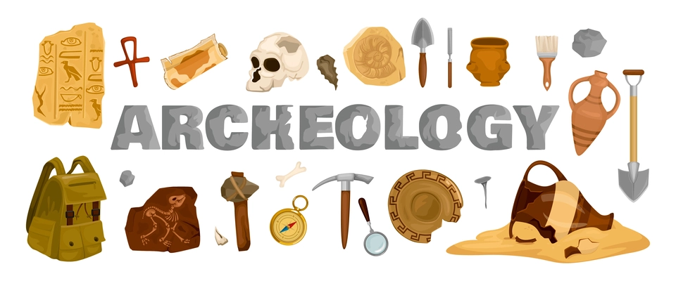 Archeology ancient artifacts composition with isolated icons of shovels brushes with backpack and pieces of findings vector illustration