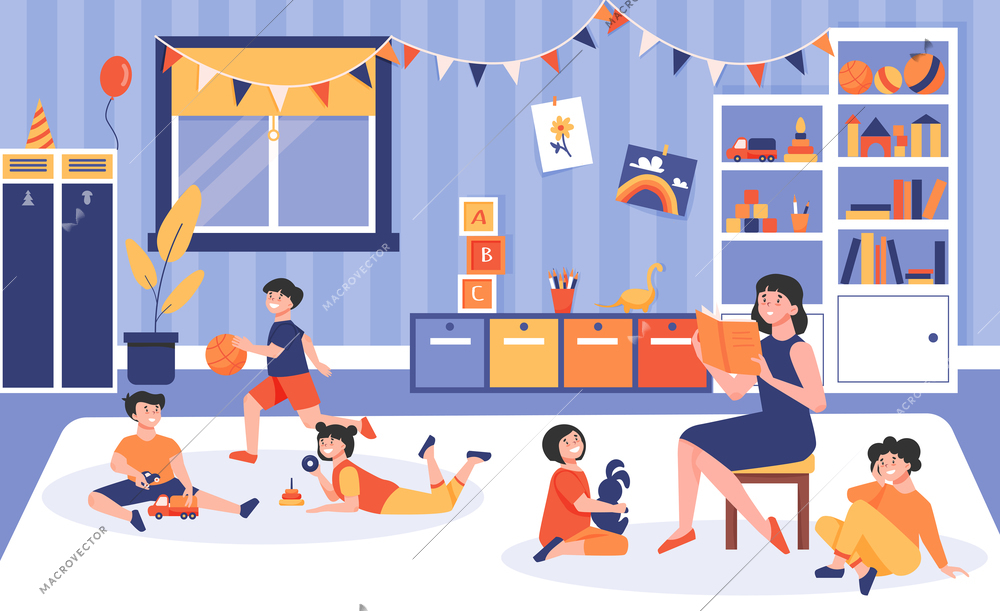 Kindergarten composition with playing room interior with children lying on floor with toys and nursery teacher vector illustration